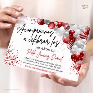 Balloons Red and Silver 40th Birthday Invitation Template, 60 años Cumpleaños Spain Birthday Invitation, Spanish Birthday Invite AP34