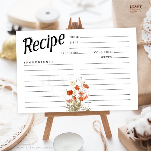 Floral Vintage Recipe Card Poppy Recipe Card Flower Garden Recipe Card Printable, 4x6 Recipe Cards, Vintage Retro Boho Recipe Card, DIY RC1