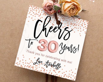 Rose Gold 30th Birthday Favor Tags: Floral Confetti (EDITABLE Template)
