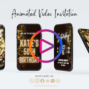 Animated Video Invite Disco Birthday Mobile Invitation, Dance Party Birthday, Black and Gold Birthday Party for All ages AP6