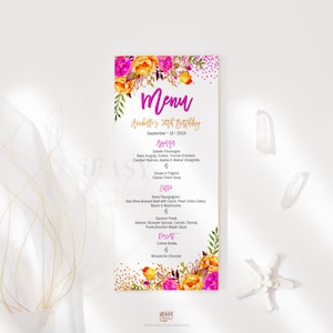 Editable 50th Birthday Menu 4x9 Card Hot Pink Orange Floral and Confetti, Birthday Celebration Table Menu Card Menu Printable Template Corjl