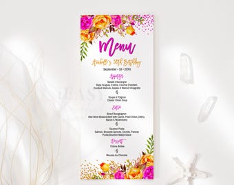 Floral 50th Birthday Menu Template: Hot Pink & Orange (4x9 Card, Editable, Printable)