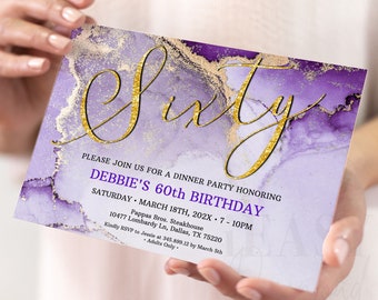 Editable Sixty Birthday Purple Invitation, Purple Lover, Dinner Invite, Shades of purple and Gold Birthday Invite Template for all Ages AP12