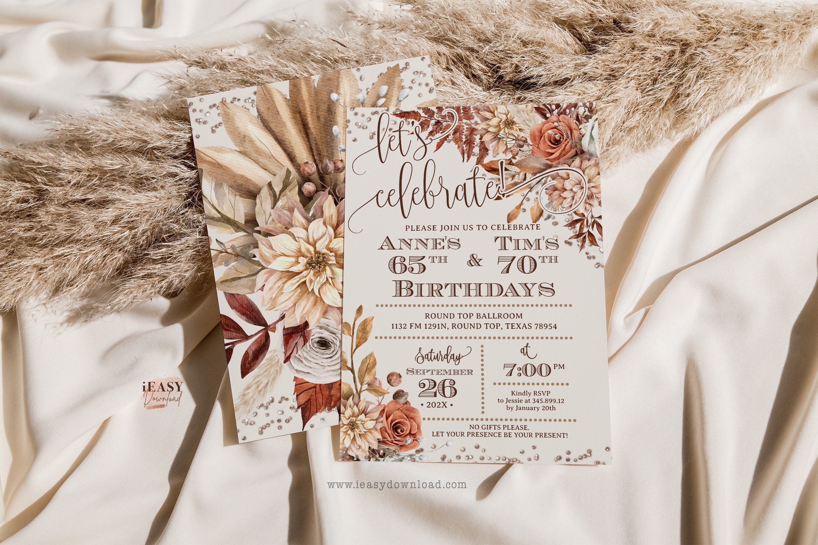 Let's Celebrate Autumn Floral Birthday Party Invitation, Fall Leaves Double Birthday Template Editable Joint Birthday Invitations Corjl AP24