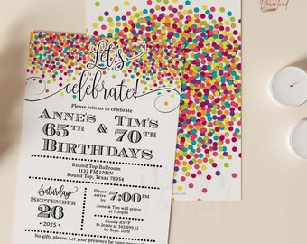 Editable Confetti Joint Birthday Invitation Template 5x7 Portrait Digital Download