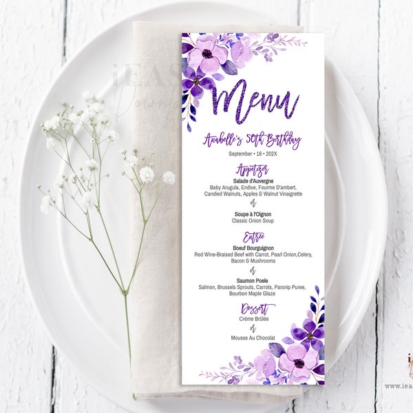 Floral Purple Editable Card Template, 50th Birthday Purple Flowers Dinner Menu Card, Editable Menu Card, Personalise Menu Card Corjl AP12