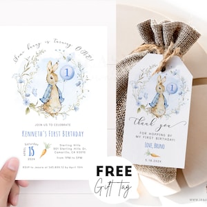 Editable Peter Rabbit First Birthday Boy Invitation with FREE Thank You Tag, Flopsy Rabbit 1st Birthday, Bunny Birthday Template Corjl KP34