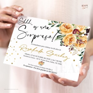 Spanish Birthday Party Fiesta Sorpresa 60 años Cumpleaños 70 Birthday Invitation | Floral Yellow Roses Gold Confetti Template All Ages AP13