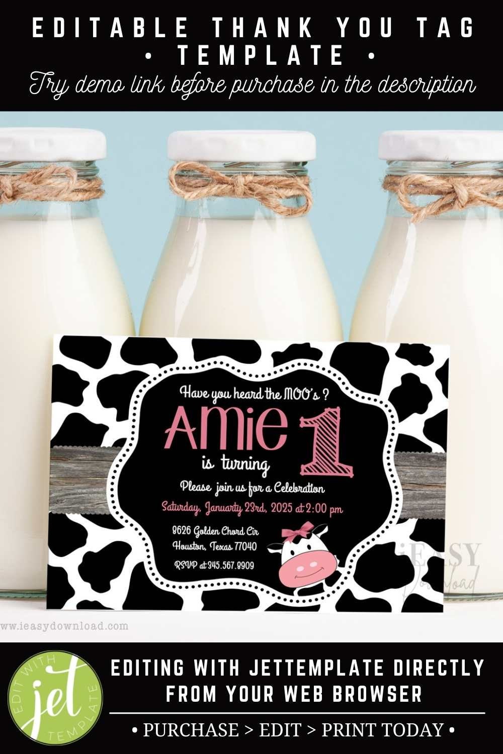 Cow Theme Birthday Invitation Pink Cow Birthday Invitation Cow Pattern Invitation Cow First birthday invitation EDITABLE