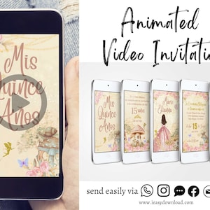 SPANISH Enchanted Forest Video Invite, Dusty Pink Quinceañera Dress, Animated Video Phone Invite, Mis Quince Pink and Gold Invite QCA1