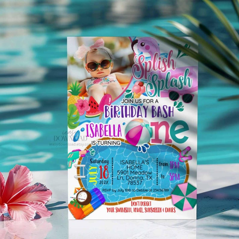 Photo Party Invitations Pool Party Birthday Invitation Editable Photo Template Splish Splash ...