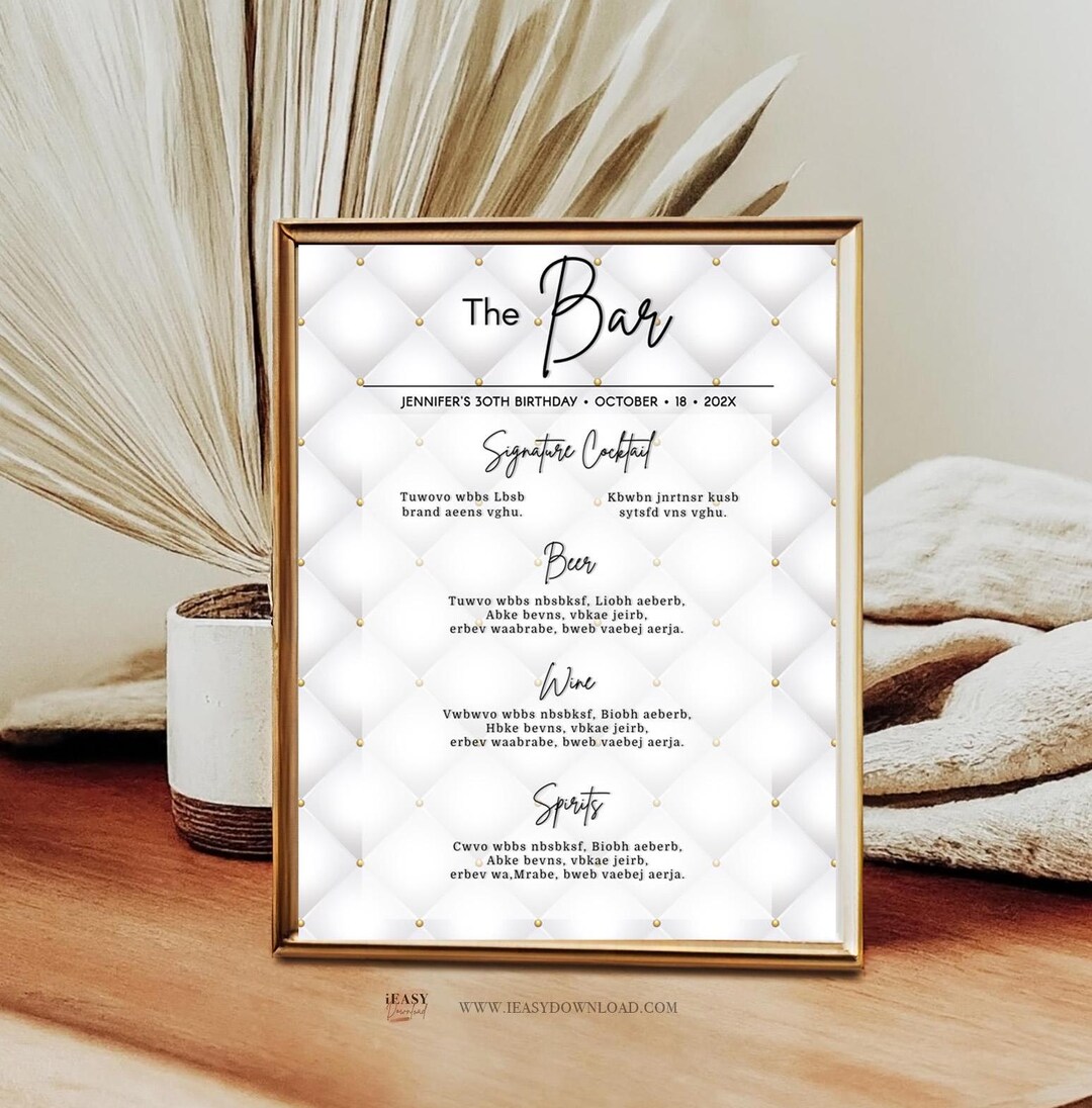 Wedding Bar Menu Template Modern Drink Table Sign Golden the Bar Table ...