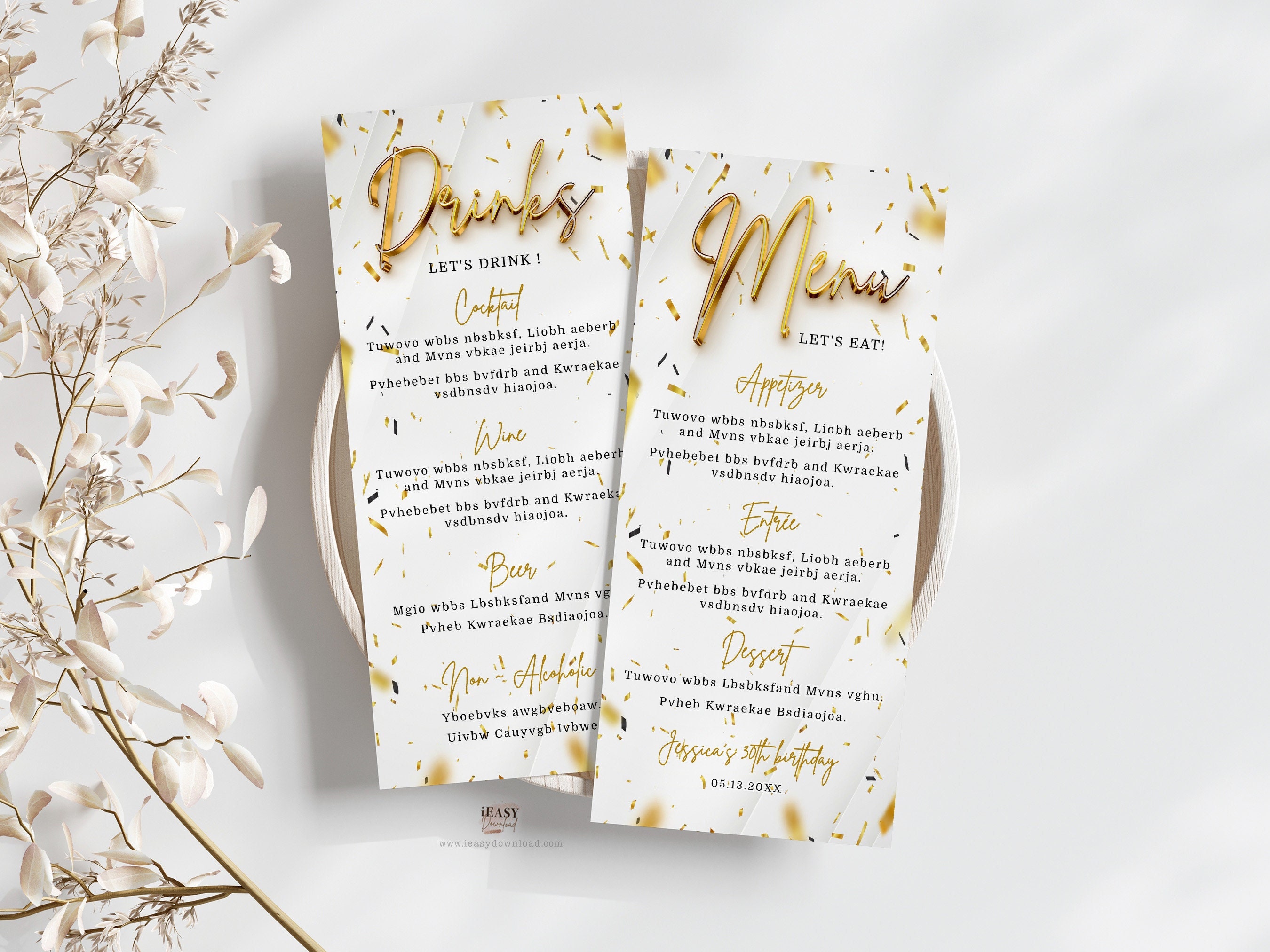 Gold Confetti Menu & Drinks Card Template (Printable Corjl)
