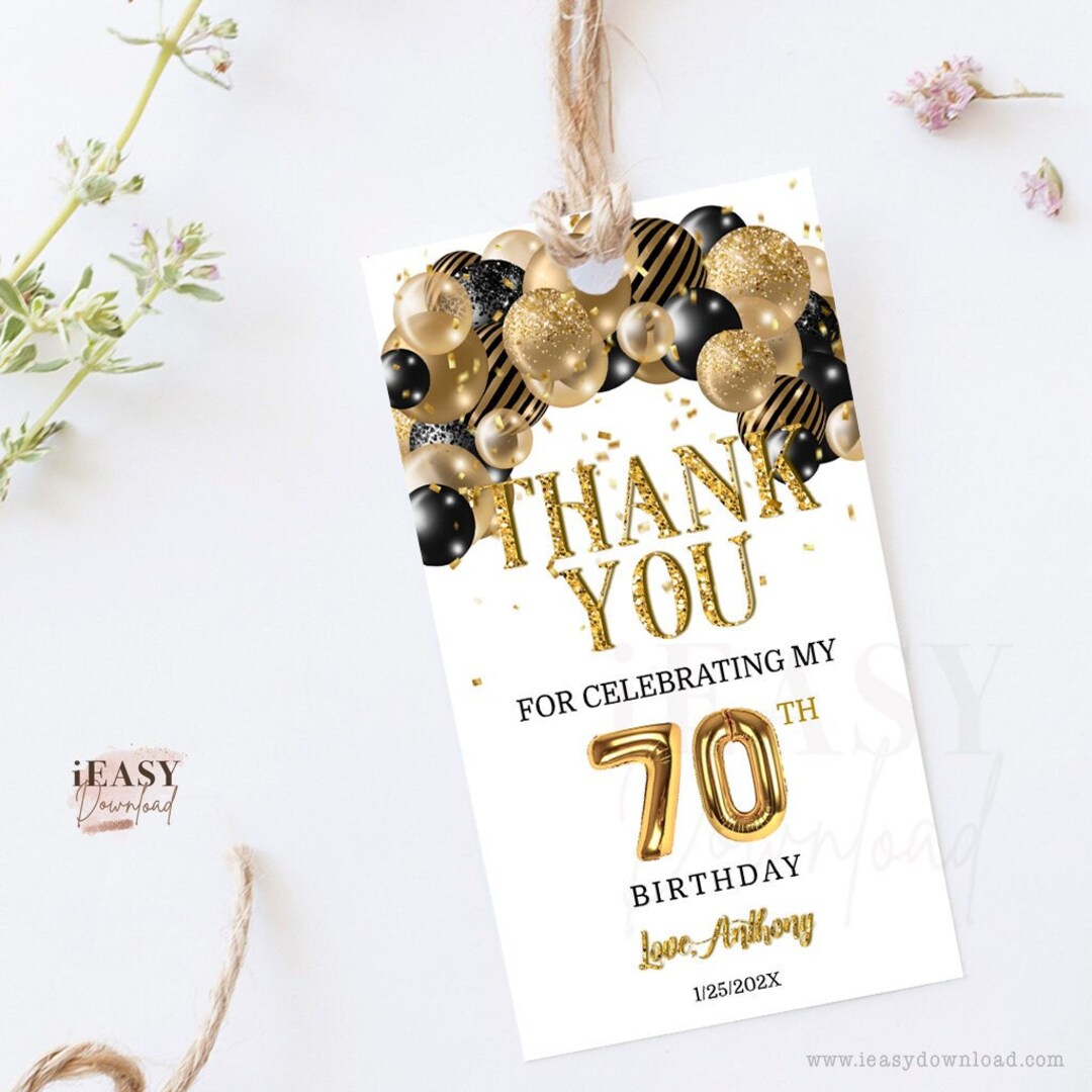 Editable 70th Birthday Gift Tags, Black Gold White Party Decoration for