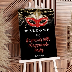 Red Gold Black Masquerade Editable Welcome Sign, Masquerade Bash Party Red Glitter Mask Easel Sign,  30th Birthday Template DIY using Corjl
