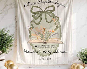 A New Chapter Begins Backdrop Welcome Baby Shower Banner Storybook, Sage Green