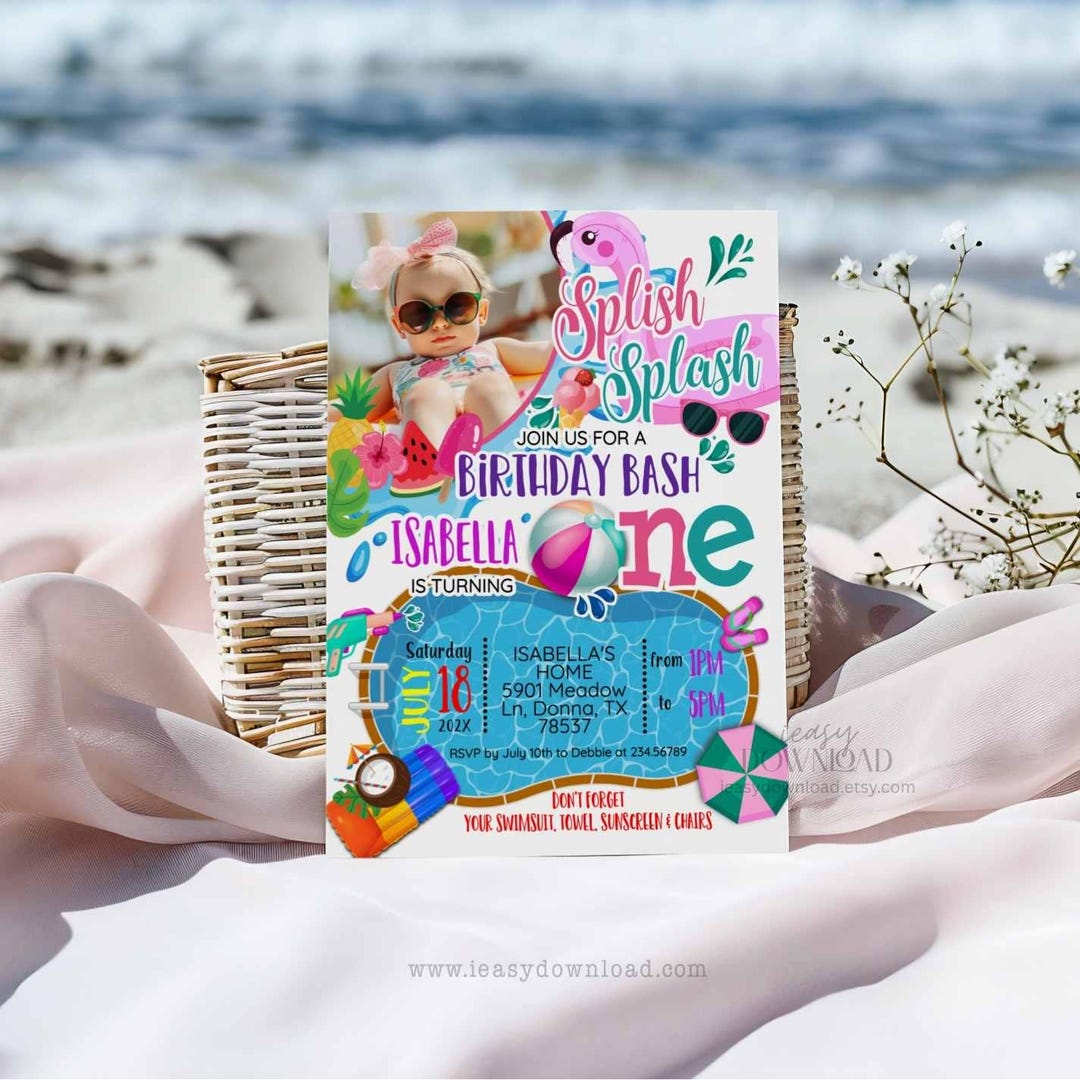 Photo Party Invitations Pool Party Birthday Invitation Editable Photo Template Splish Splash ...