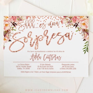 Spanish Birthday Party | Fiesta Sorpresa 60 años | Cumpleaños 70 Birthday Invitation | Floral Rose Gold Confetti Template All Ages Corjl AP1
