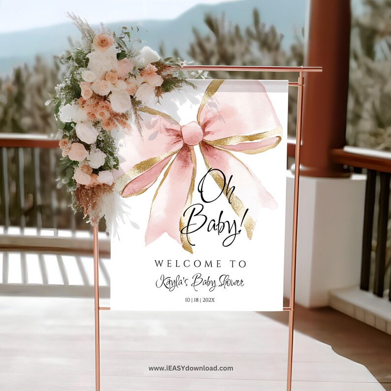 Coquette Pink Bow Baby Shower Girl Welcome Sign, Oh Baby Welcome Sign Editable Template