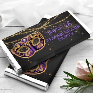 EDITABLE Candy Bar Wrapper Purple and Gold Birthday Masquerade Party, Purple Mask Favor Chocolate Wrapper Printable For Any Age Template