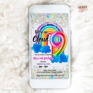 Rainbow 9th Birthday Phone Invitation: Holographic Glitter (Editable with Corjl)