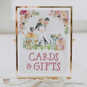 Cartes et cadeaux Vache Baby Shower Décoration Signe | Blush Pink Floral Cow Farm Thème Birthday Party Sign Cards & Gifts, Instant Download KP4