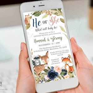 EDITABLE Gender Reveal Phone Invitation, Woodland Animals Invite, Gender Reveal, Gender Neutral Baby Shower Personalise Template Corjl GRN5