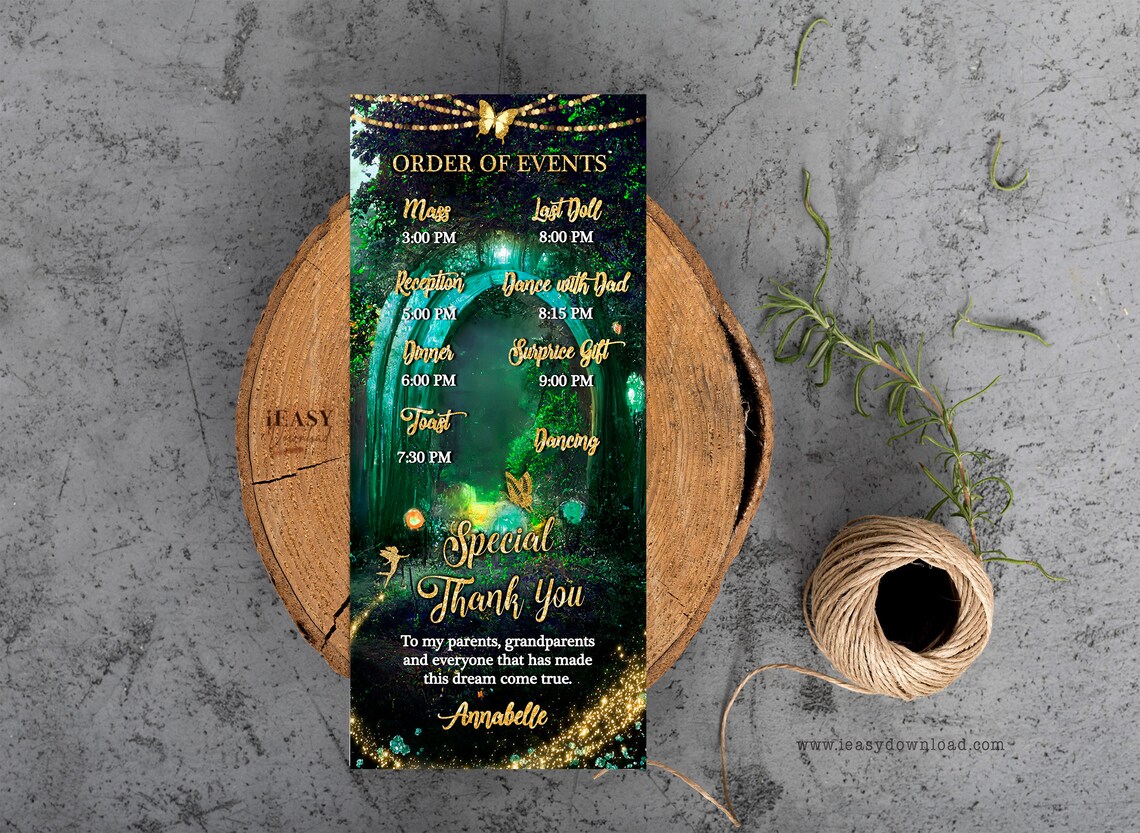 Enchanted Forest Program Template: Emerald Green Birthday Menu (digital ...