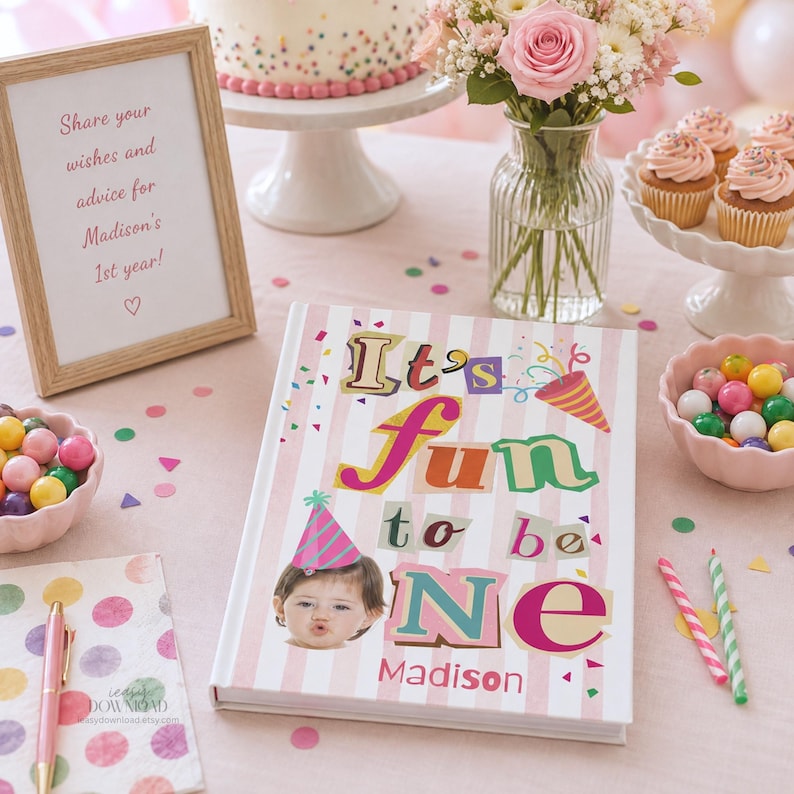 Custom Name Personalized Journal First Birthday Guest Book Baby Milestone Memory Keeper Hardcover Lined Pages Keepsake Gift Turning One Year Old Birthday Party Celebration Guestbook Writing Journal First Year Baby Memory Collection Quality