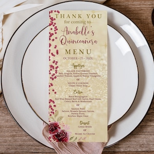 Editable Burgundy Flowers and Gold Menu Card, Quiceañera Food Menu Place Card, Gold and Burgundy, Mis Quince Thank You Template Corjl Q2