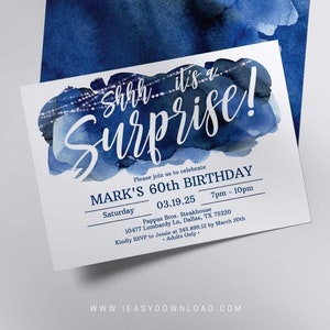 Surprise Birthday Invitation for Men | Adult birthday invitation template | Navy Blue Themed Birthday Party | EDITABLE Invitation Corjl AP2