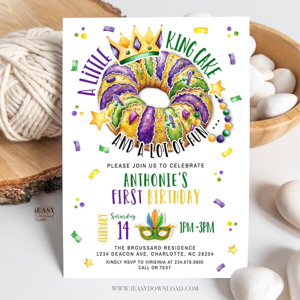 A little King cake and a lot of fun, first birthday Mardi Gras Invitation, 1st Birthday for Boy, Fat Tuesday Invitation Template Corjl KP23