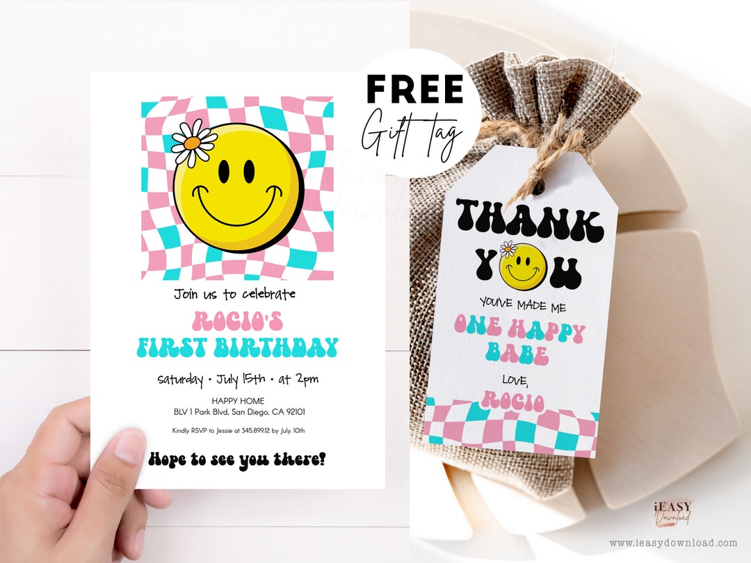Pink Teal Smiley Face First Birthday, One Happy Babe Editable Birthday ...