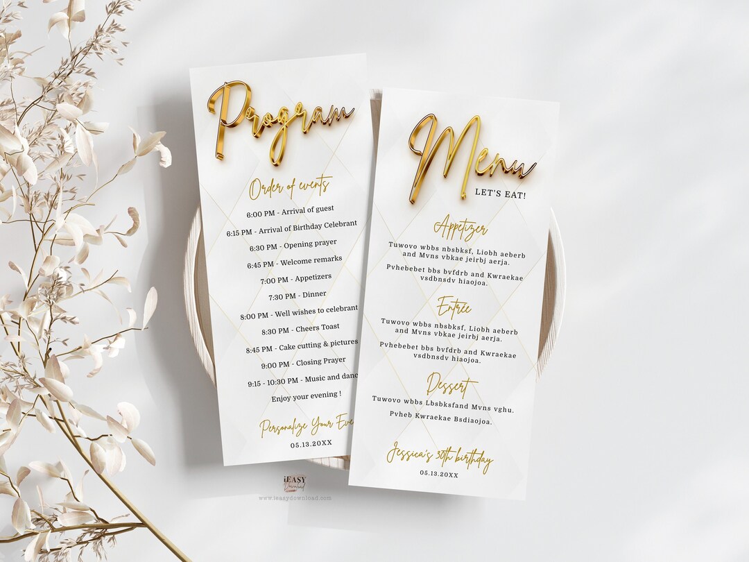 Gold & White Menu Program Template: Modern Birthday Party (editable ...