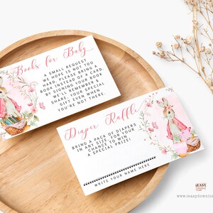 Set of Two Books for Baby Card and Diaper Raffle Ticket Card, Peter Rabbit baby shower for Girl, Wildflower Editable Template - Corjl - BS15