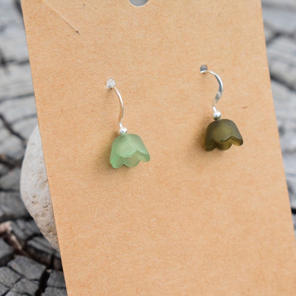 Green Tulip Flower Earring, Bell Frosted Transparent Mini flower, sage green dark olive green nature inspired fairy magical, silver hook.