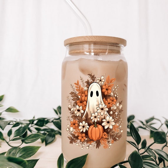 Ghosts with Flowers Glass Coffee Cup With Lid & Straw