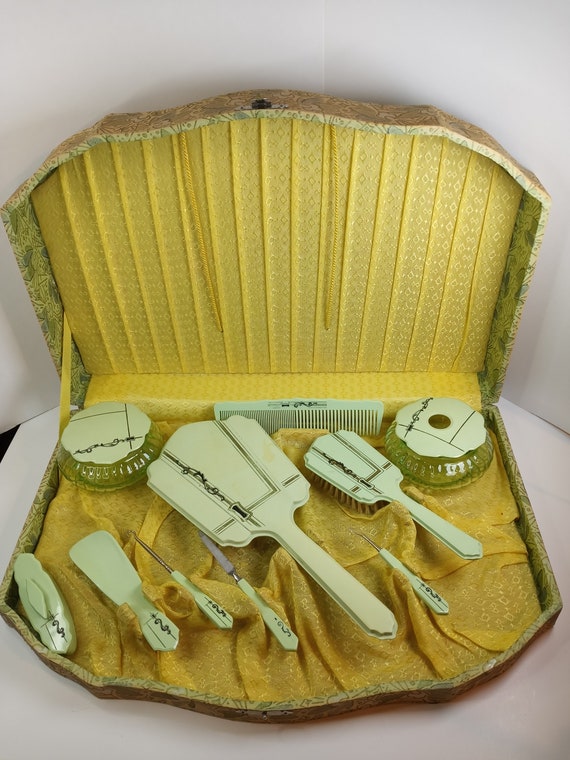 Antique Celluloid Vanity Case with Full Set, Vint… - image 1