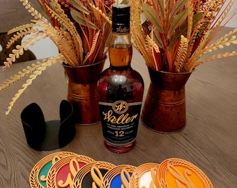 Conjunto de 6 porta-copos com tema de uísque bourbon e suporte.