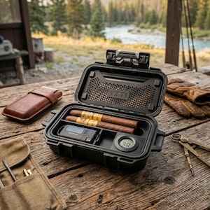 May include: A black, rectangular, hard-shell protective case with the YETI logo embossed on the interior lid. The case contains two brown cigars, a small black electronic device, and a round digital hygrometer displaying the number 38.
