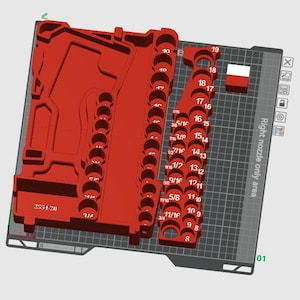 Puede incluir: Un organizador de herramientas rojo impreso en 3D con múltiples ranuras circulares para llaves de vaso. El organizador tiene el texto "2554-20" y medidas en pulgadas. También es visible el texto "Right nozzle only area".