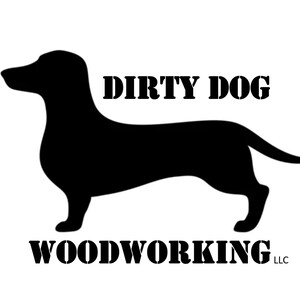 May include: Black silhouette of a dachshund with the text "DIRTY DOG WOODWORKING LLC" below.