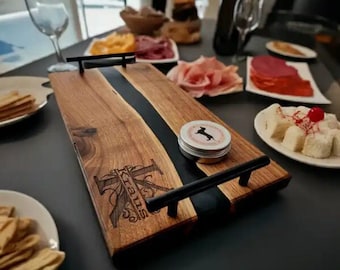 Black Walnut Epoxy River Serving Board: Custom Engraved Charcuterie Tray