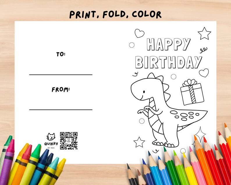 Printable Dinosaur Party Card , Coloring Greeting Card , Happy Birthday ...