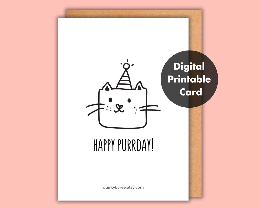 Minimalist Cute Cat Birthday Card, Printable Greeting Card Digital ...