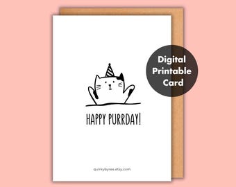 Printable Cute Cat Birthday Card, Minimalist Greeting Card Instant Download Digital, Funny Cat Lover Gift for her, Quirky Gift for friends