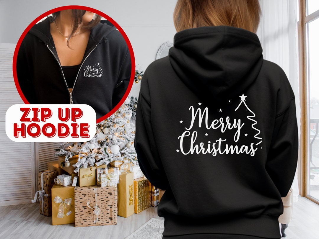 Merry Christmas Tree Zip up Hoodie Holiday Christmas Hoodie Full Zip Hoodie Zip up Hoodie Full