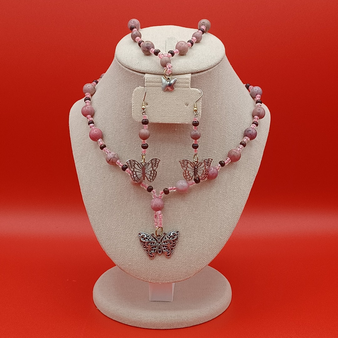 Gifted Pink Rhodonite Gold Bow Beaded Pendant Necklace main image 1