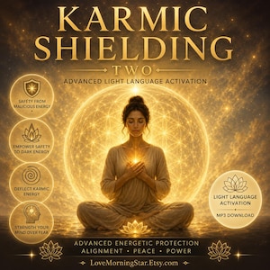 May include: A digital graphic titled KARMIC SHIELDING TWO ADVANCED LIGHT LANGUAGE ACTIVATION featuring a person meditating in a golden light sphere. Text includes benefits like safety from malicious energy and light language activation MP3 download.