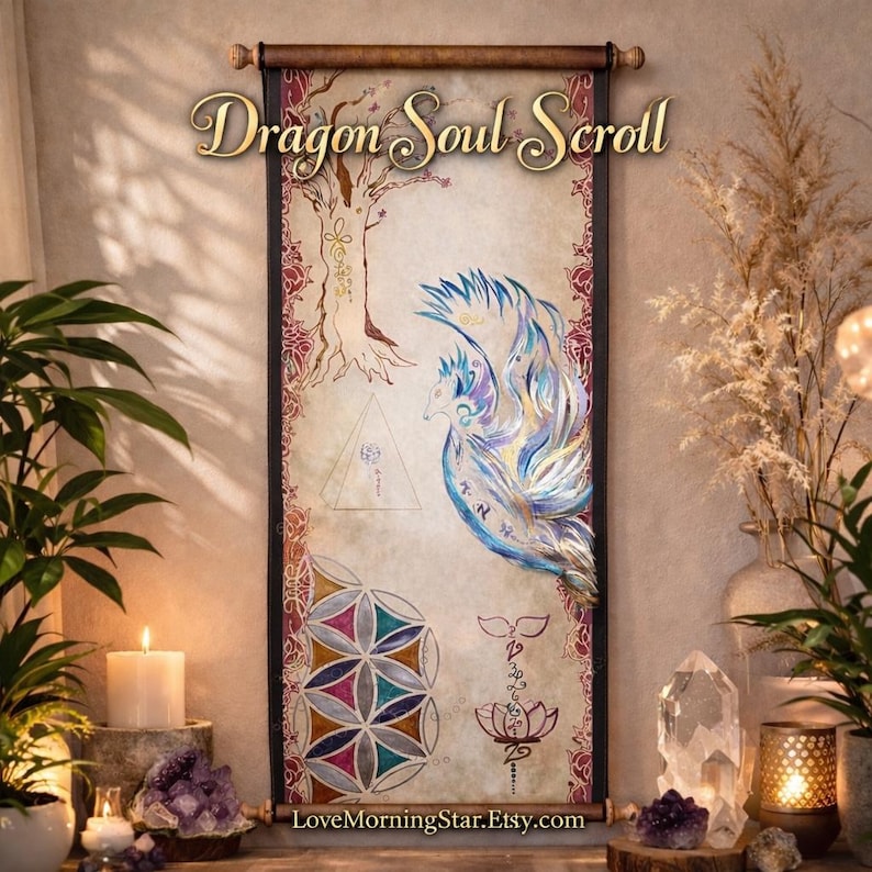 Dragon Soul Scroll ~ Hand Painted Light Language Art 9x31 | Akashic Records Reading + MP3 | Past Life Soul Art | Antique Scroll image 1